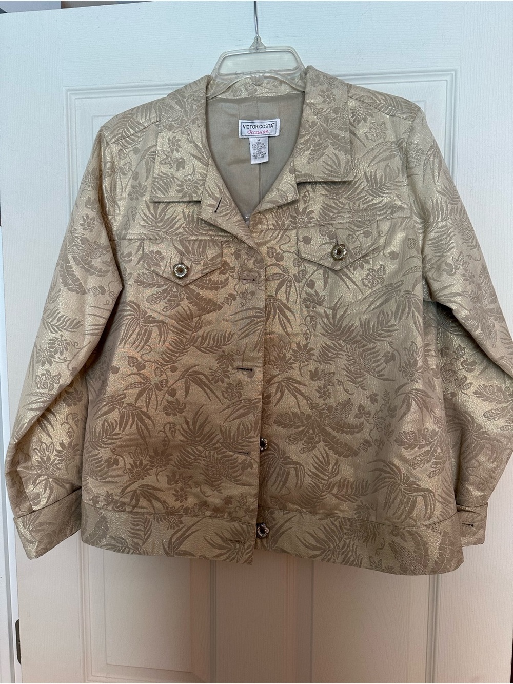 Victor Costa Metallic Gold Floral Jacquard Jean Jacket